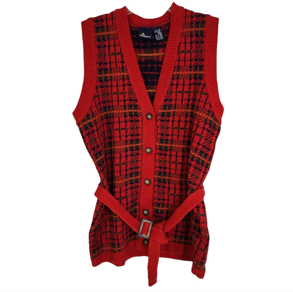 Liz Sport Vintage 80s 90s Plaid Belted Sweater Vest In Red Navy Green Size M